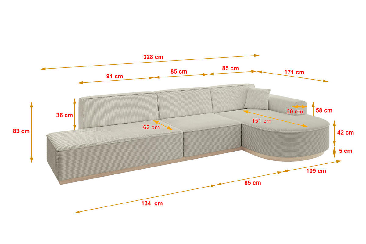 ECKSOFA Ottomane Rechts ARRIO-L2 - 328x171x83 cm Creme - Hellgrau/Creme, Holzwerkstoff/Textil (328/171cm) - ALTDECOR