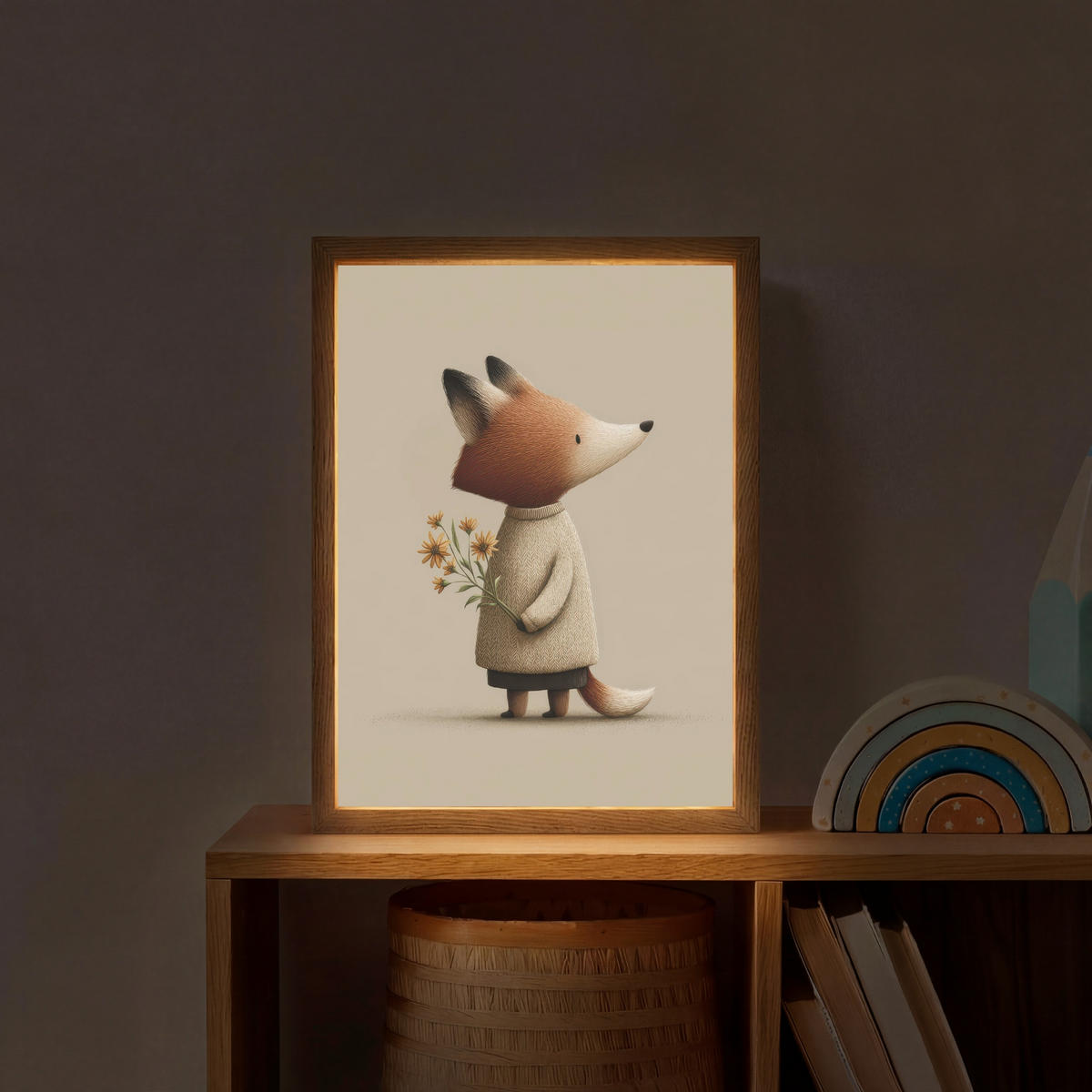 DOBÍJECÍ NOČNÍ LAMPIČKA Liška - Žluté květy - Minimalistický 30x40 cm - šedohnědá, kompozitní dřevo (8/30/40cm) - OnlyWow
