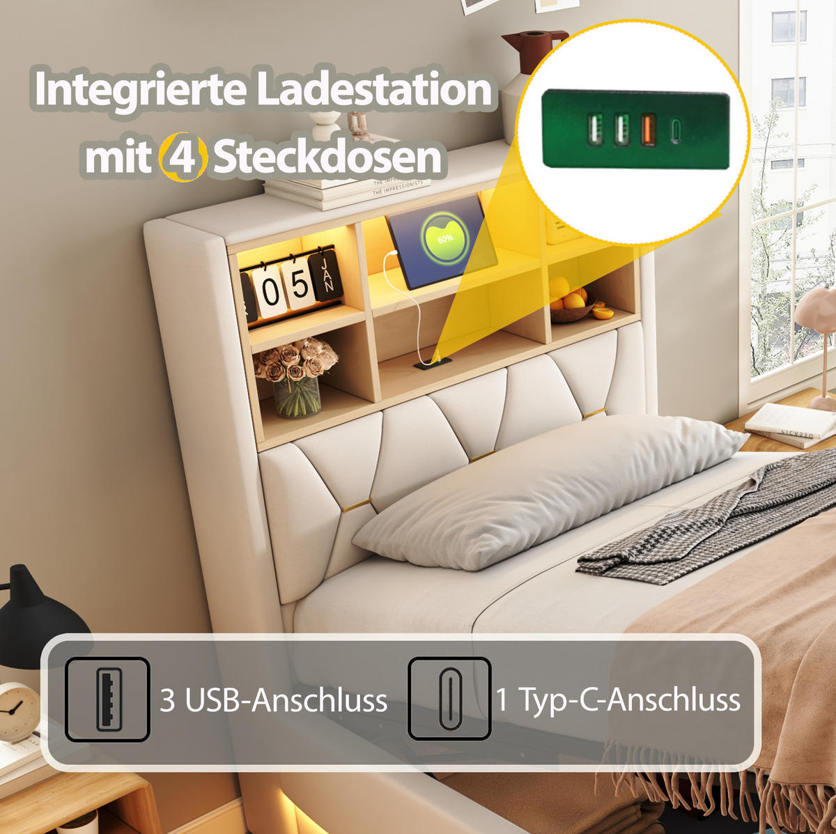 POLSTERBETT aus Leinen, Metall und Holzwerkstoffen 140x200 cm Beige mit LED-Beleuchtung, USB und Stauraum - Beige, Metall (140/200cm) - Modfu