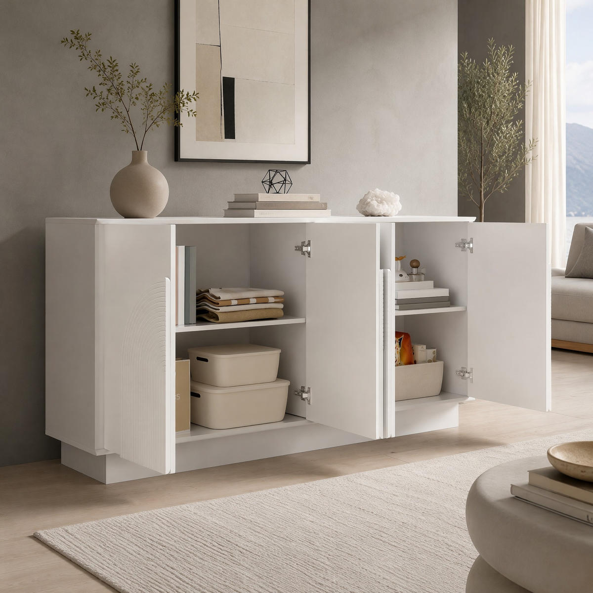 SIDEBOARD in Weiß Anrichte aus MDF mit 4-Türen-Design für Wohnzimmer und Esszimmer, B160/T38/H80 cm - Weiß, Holzwerkstoff/Metall (160/80/38cm) - STILVORA
