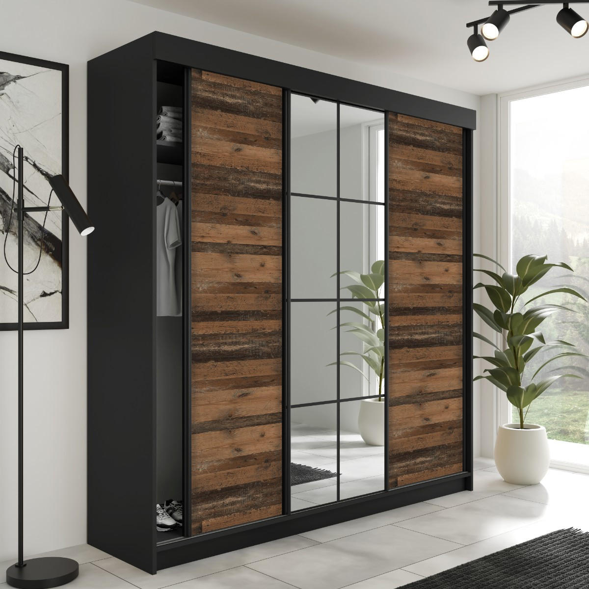 SCHIEBETÜRENSCHRANK LAMARO - 250x205x59cm - Schwarz & Old Style - Dunkelbraun/Schwarz, Holzwerkstoff (250/205/59cm) - Kier Furniture