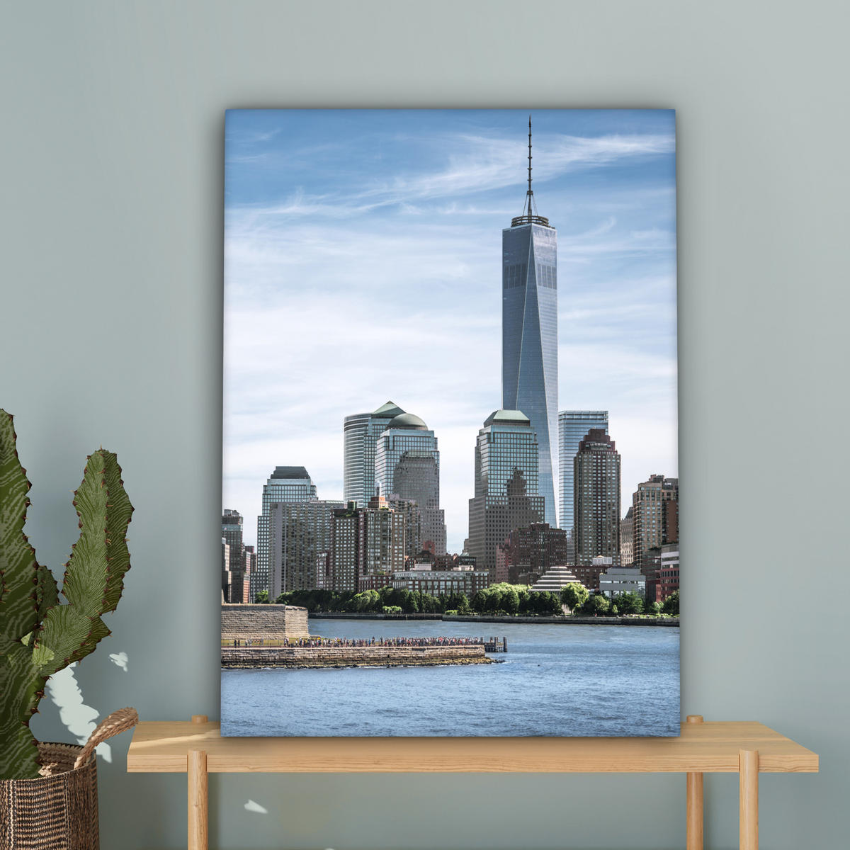LEINWANDBILD New York - Freiheitsstatue - Wasser Wandbild Wohnzimmer 60x80 cm - Hellblau, Textil (60/80cm) - MuchoWow