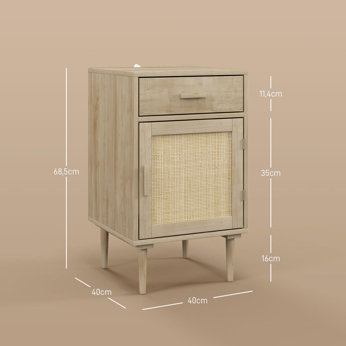 NACHTSCHRANK DE-12831 Schublade und Rattantür Natur - Naturfarben, Holzwerkstoff (40/68.5/40cm) - ComfortXL