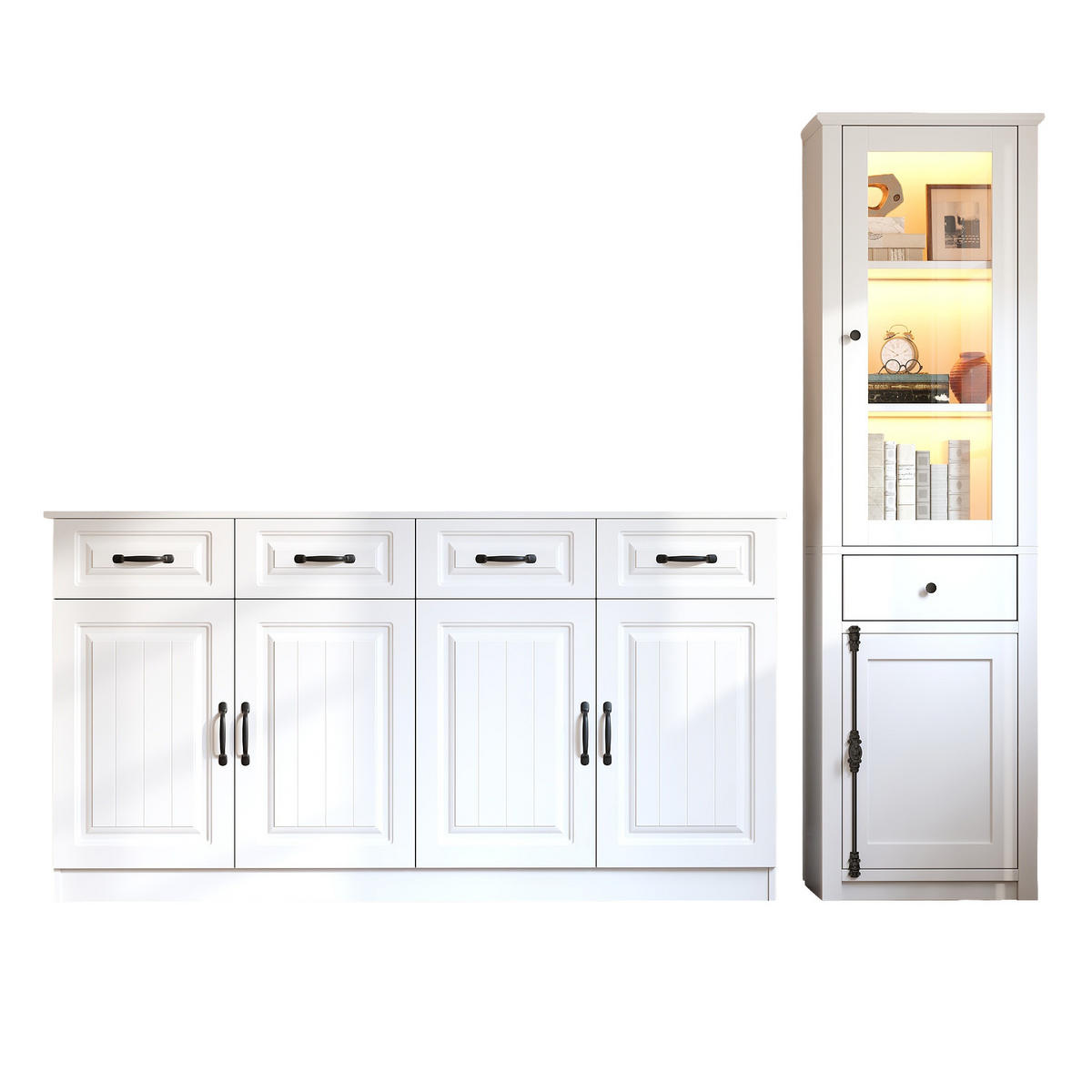 SCHRANK SET 2teilig Vitrine Weiß MDF Aufbewahrungsschrank - Weiß, Holzwerkstoff (160/80/35cm) - FLIEKS