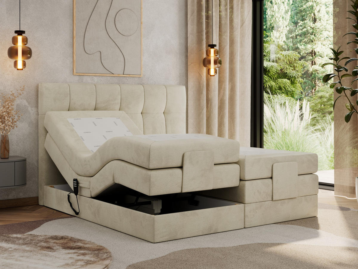 BOXBETT VITTORIA 140/200 - Beige Velvet - H3 - Beige, Holz/Textil (140/200cm) - MKS