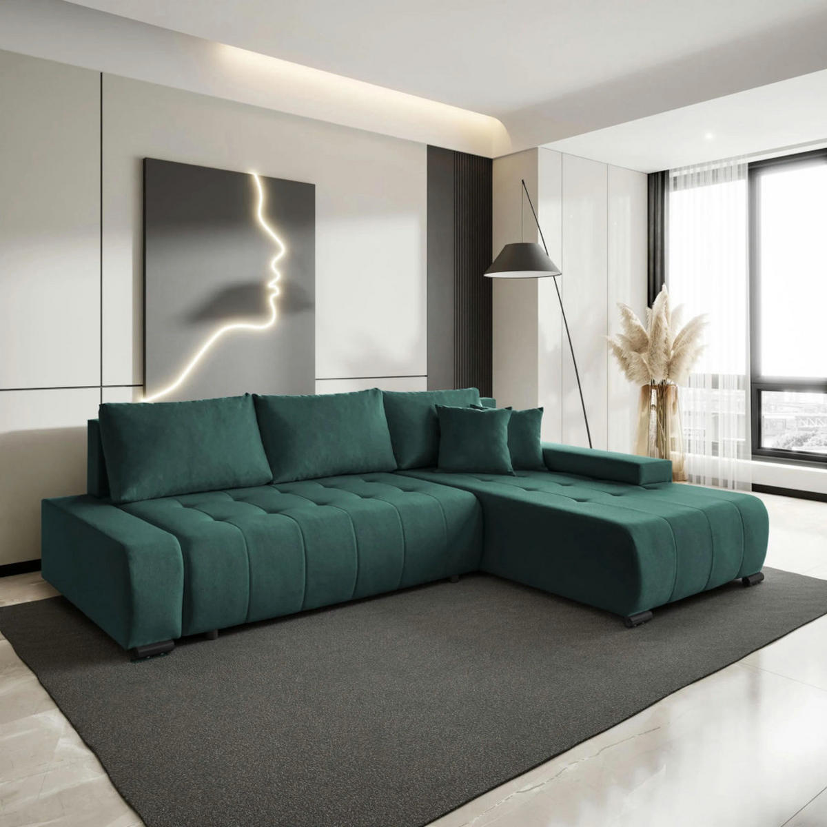 ECKSCHLAFSOFA Draco L Grün - Schwarz/Grün, Textil/Metall (268/183cm) - Beautysofa