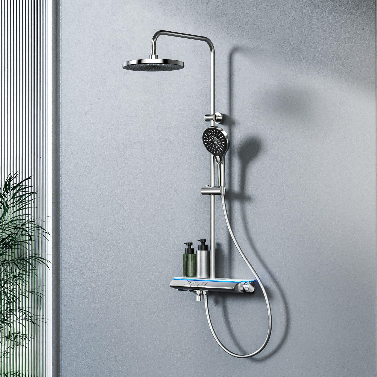 ÜBERKOPFBRAUSESET mit Thermostat Chrom 3 Strahlarten Hohe Konfiguration - Chromfarben, Metall (37.5/110/42cm) - EMKE