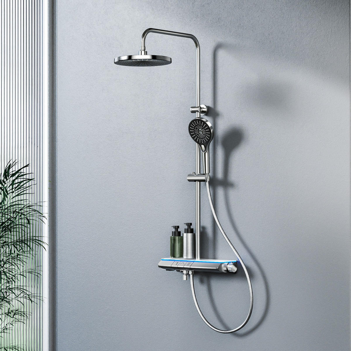 ÜBERKOPFBRAUSESET mit Thermostat Chrom 3 Strahlarten Hohe Konfiguration - Chromfarben, Metall (37.5/110/42cm) - EMKE