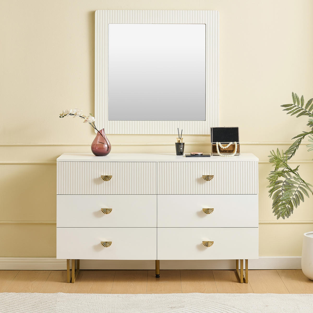 SIDEBOARD in Weiß Kommode mit Wandspiegel für Wohnzimmer, Flur und Schlafzimmer, B120/T40/H75 cm - Goldfarben/Weiß, Glas/Holzwerkstoff (120/75/40cm) - STILVORA