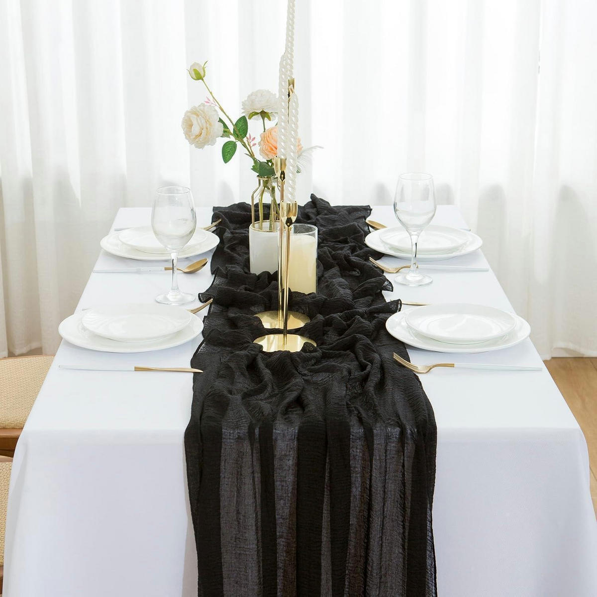 TISCHLÄUFER Musselin Schwarz 400 x 80 cm - Schwarz, Textil (400/80/1.5cm)