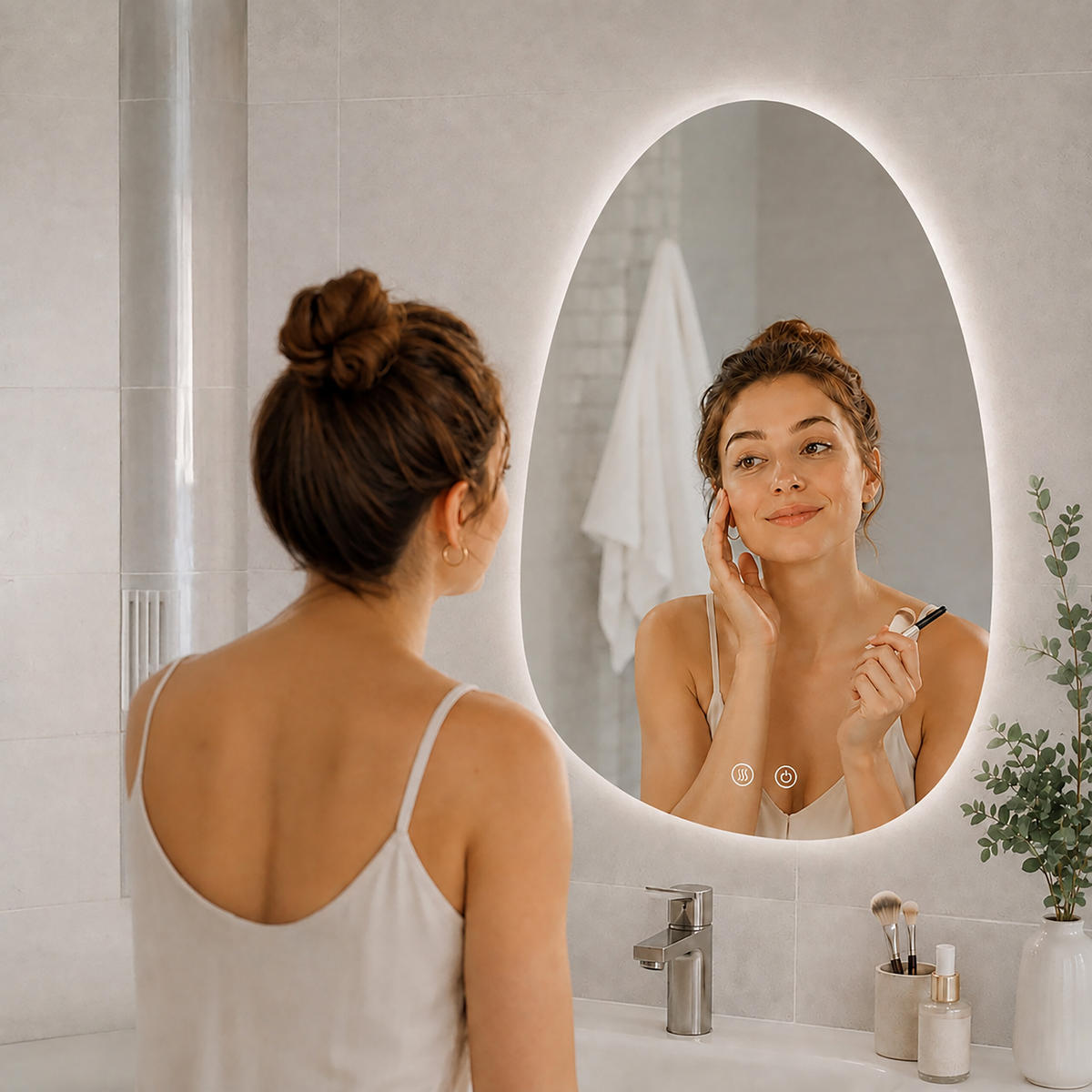 ZRCADLO stříbrné koupelnové LED proti zamlžení 80x52 cm - průhledná, kov/sklo (52/80/3cm) - Relaxdays
