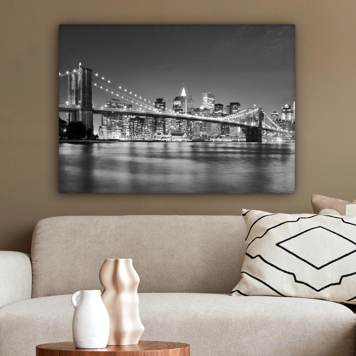 LEINWANDBILD - New York - Brücke - Brooklyn - Schwarz und weiß - Architektur - 80x60 - Malerei - Schwarz, Textil (80/60cm) - MuchoWow