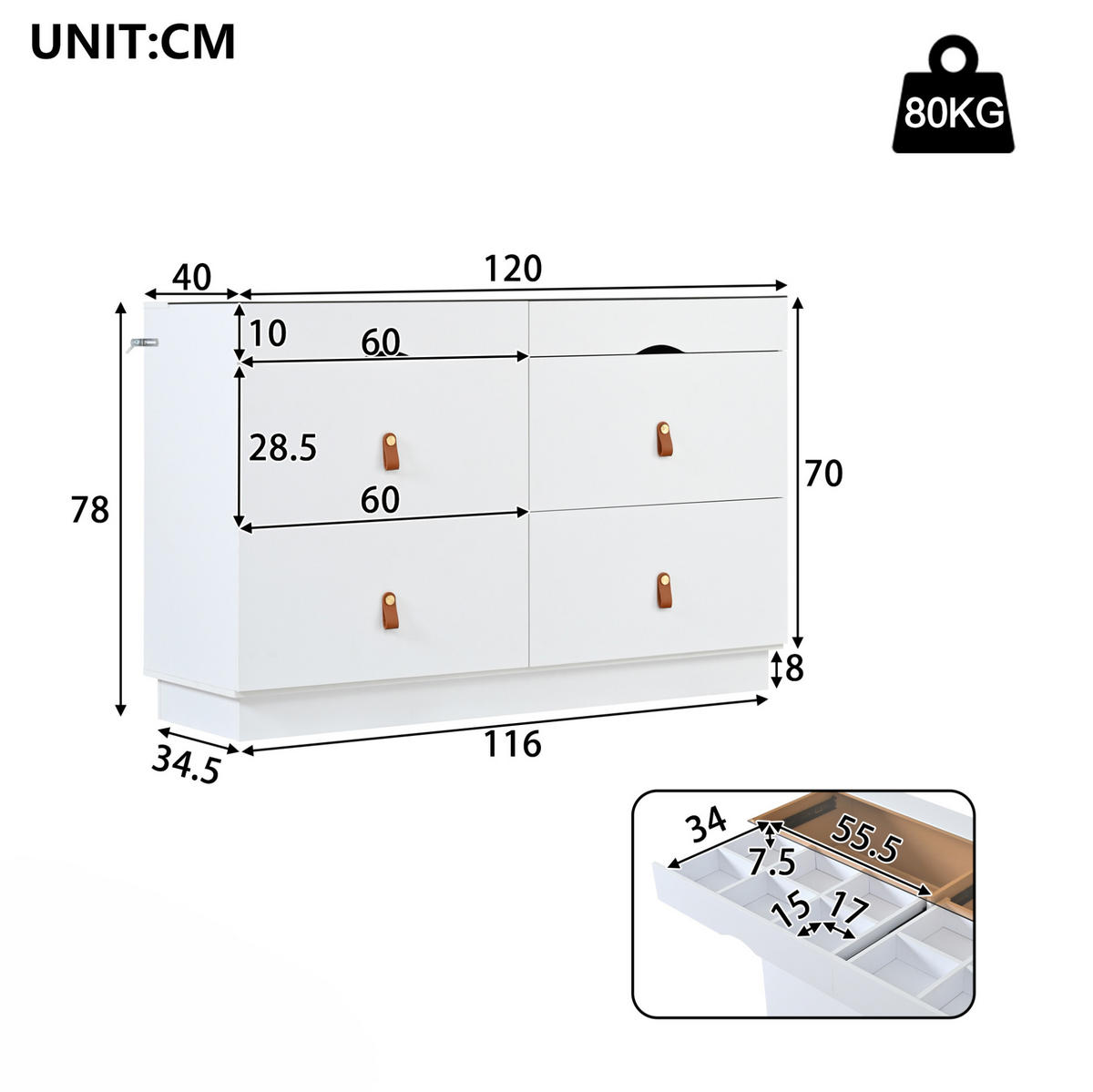 KOMODA z MDF a skla 120x40x78 cm biela so 6 zásuvkami, sklenenou doskou a členitým úložným priestorom - biela, sklo (120/78/40cm) - Modfu