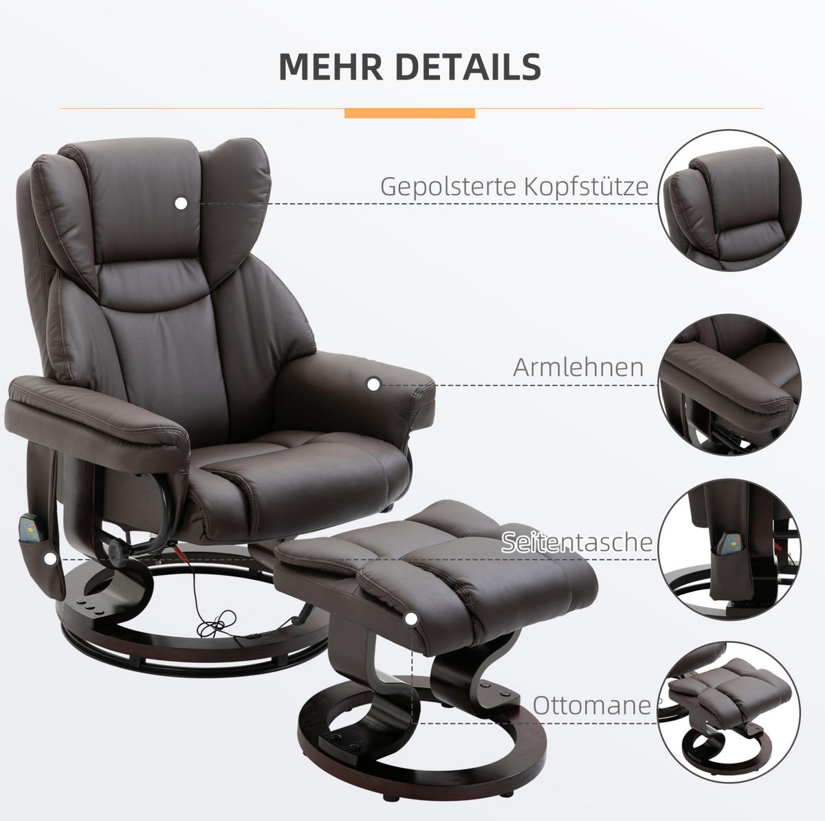RELAXSESSEL 79/82/101 cm in Braun mit Massagefunktion und Fußhocker - Braun, Kunststoff (82/101/79cm) - Flora Grace