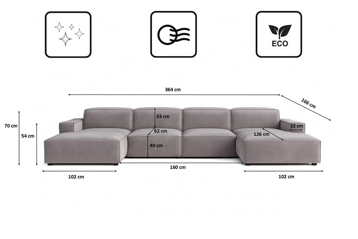ECKSOFA Cursal U-Form, Stoff Salvador, Grau - Grau, Holz (364/166cm) - Kaiser Möbel