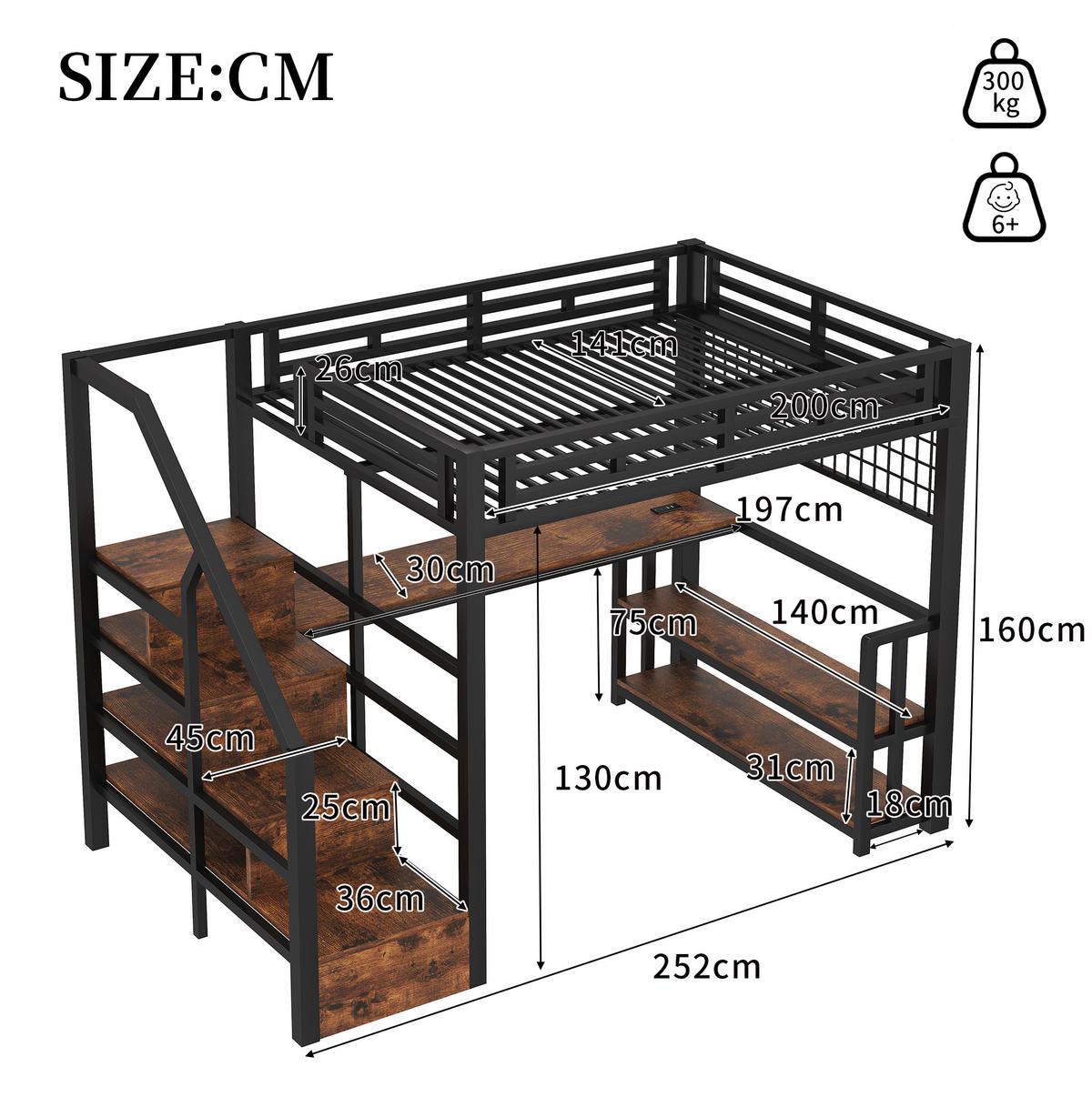HOCHBETT 140/200 cm in Schwarz mit Schreibtisch, Stauraum und LED-Beleuchtung - Schwarz, Metall (140/200cm) - Flora Grace