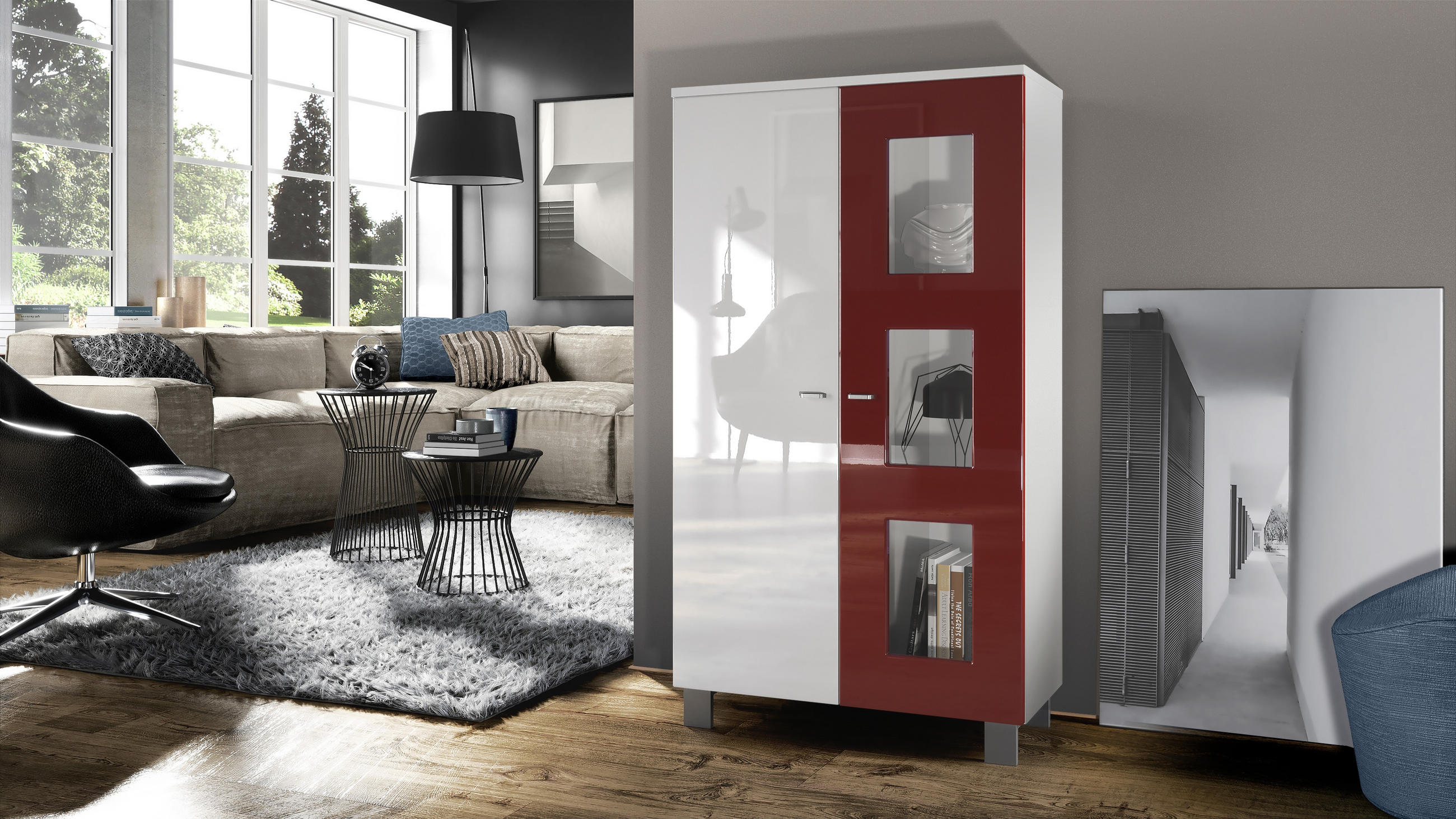 VITRINE Denjo Tür in Bordeaux Hochglanz - Bordeaux, Holzwerkstoff (71/129/35cm) - Vladon