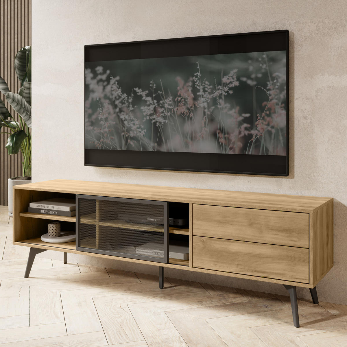 TV-LOWBOARD MOTTI 180 cm (Barock Eiche, Glas-Schiebetür, Push to Open, Schwarze Details) - Eichefarben/Schwarz, Glas/Holz (180/54/39cm) - Ravio