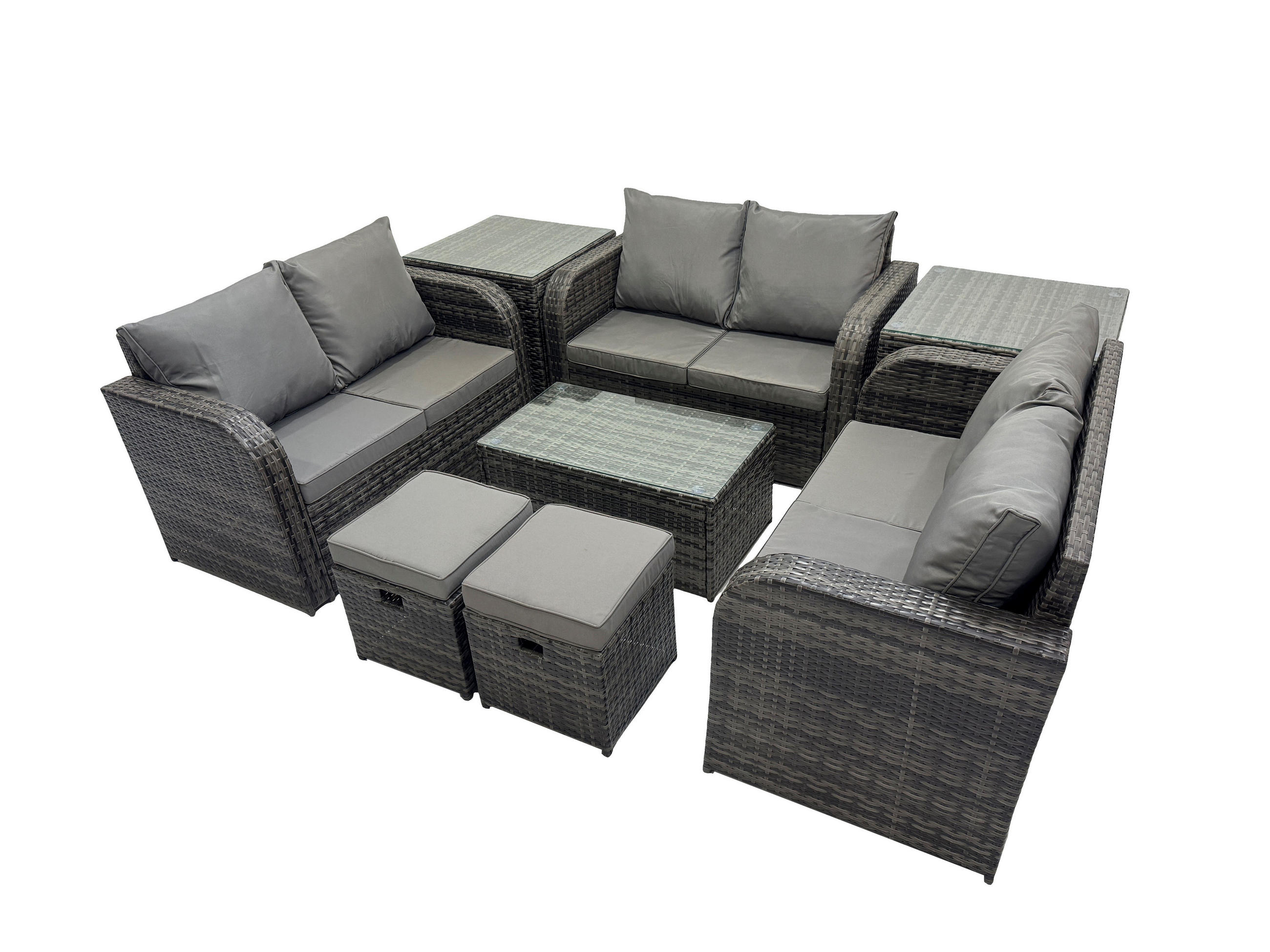 GARTENMÖBELGARNITUR mit KISSEN Polyrattan Dunkelgrau 8-Sitzer - Dunkelgrau/Grau, Glas/Kunststoff - Fimous