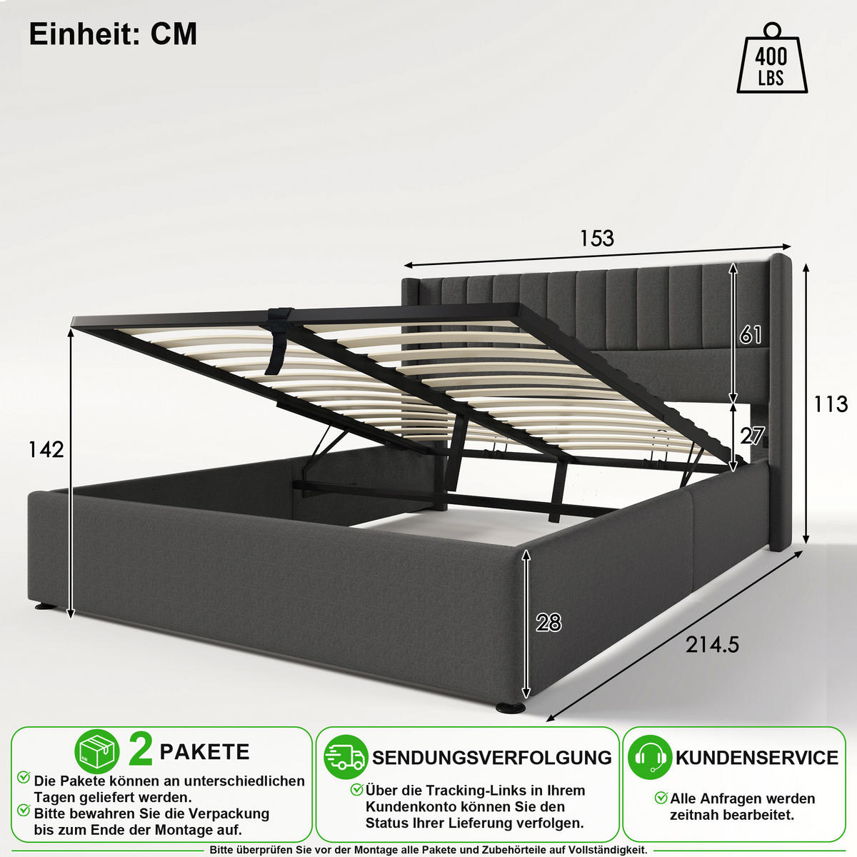 ČALOUNĚNÁ POSTEL 140/200 cm v šedé barvě s úložným prostorem a hydraulickým zvedáním - šedá, kov/kompozitní dřevo (140/200cm) - CHICFURN