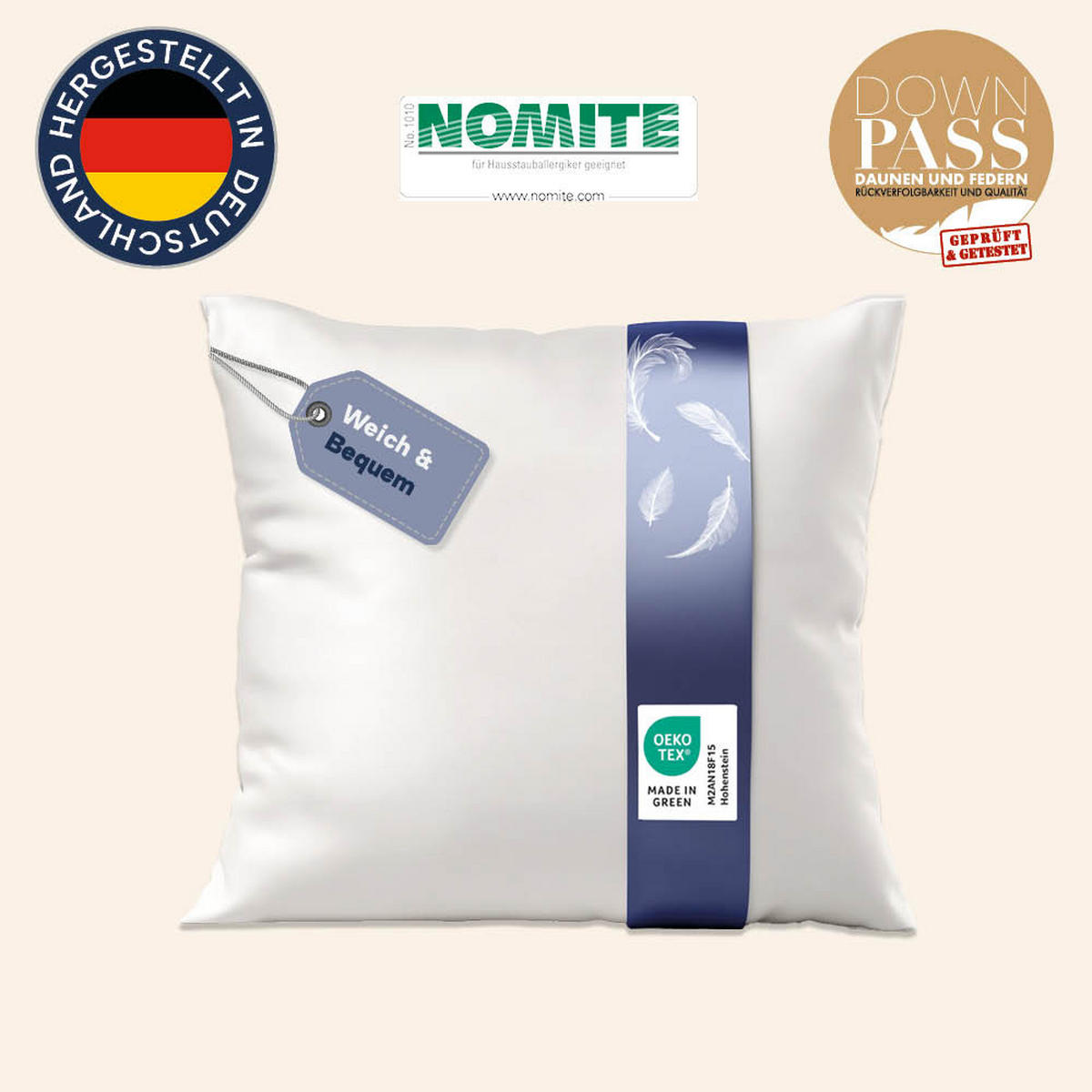 KOPFKISSEN 80x80 cm weich & stützend, Daunenkissen 60% Gänsedaunen - Weiß, Textil (80/80cm) - casimum