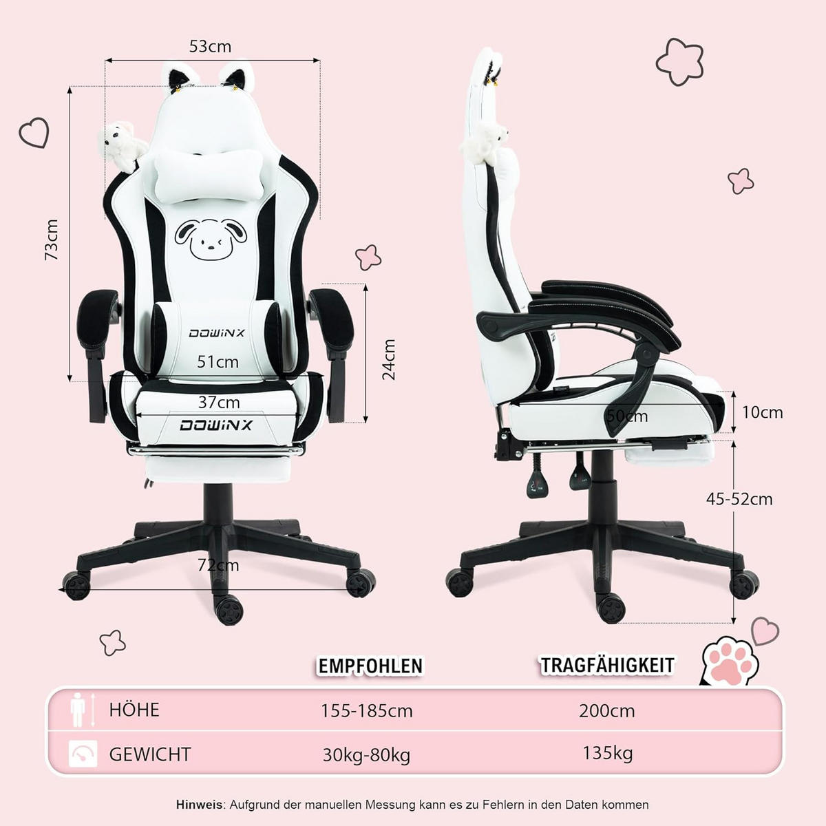 GAMING Stuhl & Lendenwirbelstütze/Hoher Rückenlehne/Fußstütze PU-Leder - Weiß, Leder (72/118/72cm)