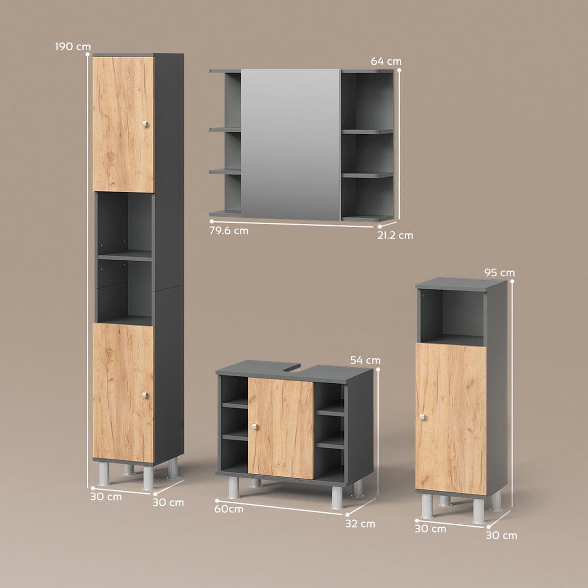 BADMÖBEL-SET Fucino Anthrazit/Goldkraft Eiche 4 Teile - Honigeiche/Anthrazit, Holzwerkstoff (60/54/32cm) - Livinity®