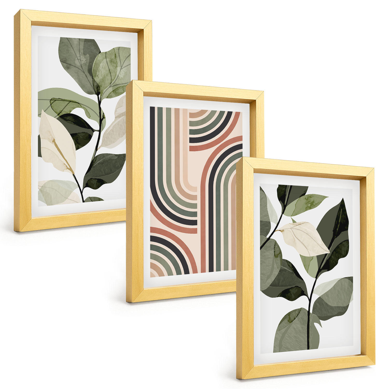BILDER SET 3er Set - 20x30 cm Goldrahmen - Geometrische Pflanzenmotive - Goldfarben, Kunststoff (20/30cm) - TULUP