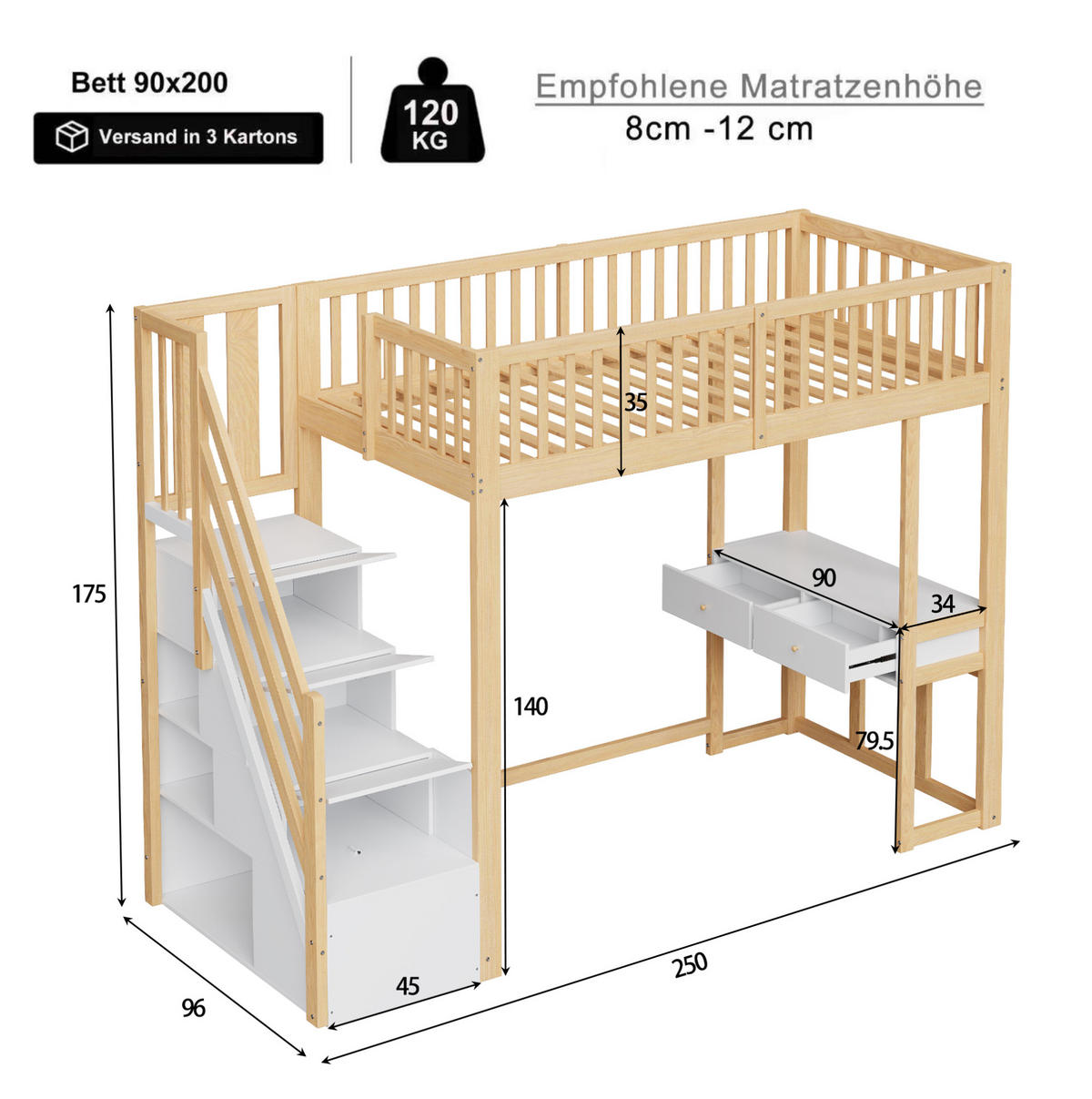 HOCHBETT 90/200 cm Weiß mit Tisch und Aufbewahrungstreppe - Weiß, Holz (90/200cm) - MIVRAY