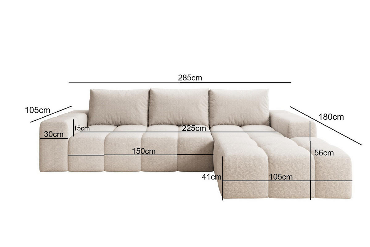 ECKSOFA Cento, L-Form, Ottomane rechts, Teddy-Bouclé-Stoff, 285x56x180 cm, BeigeBeige - Creme, Holz (285/180cm) - PROMETO Möbel