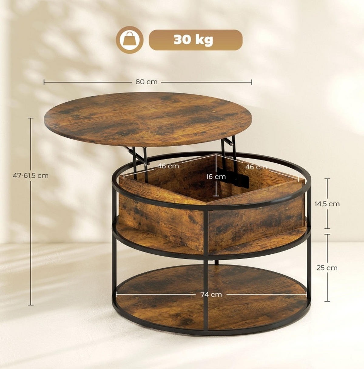 COUCHTISCH 80 x 47-61,5 cm höhenverstellbar mit Stauraum in Braun - Braun, Holz (80/80/61.5cm) - Flora Grace