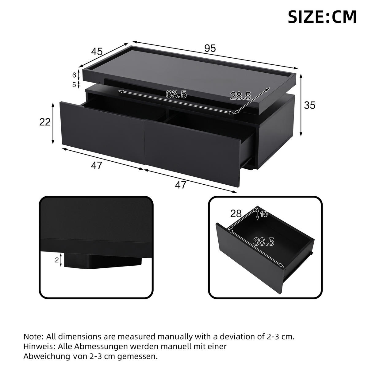 KONFERENČNÍ stolek 95/45/35 cm černý vysoký lesk s LED a 2 zásuvkami - černá, kompozitní dřevo (95/45/35cm) - BEAOK