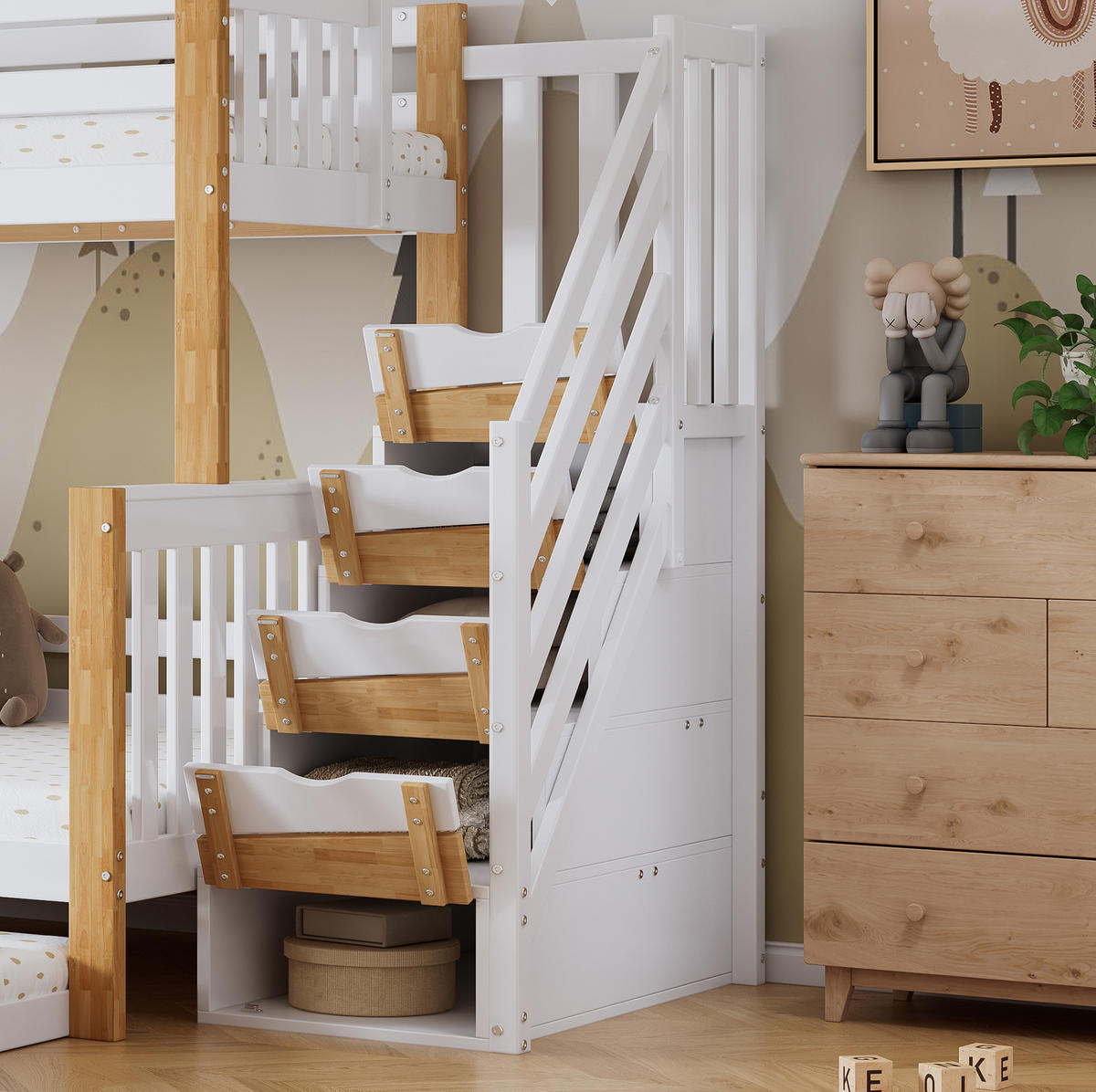 POSCHODOVÁ posteľ, 254/216,5/165 cm, masívne drevo a MDF biela/prírodná, s výsuvným lôžkom - biela, drevo (90/200cm) - BEAOK