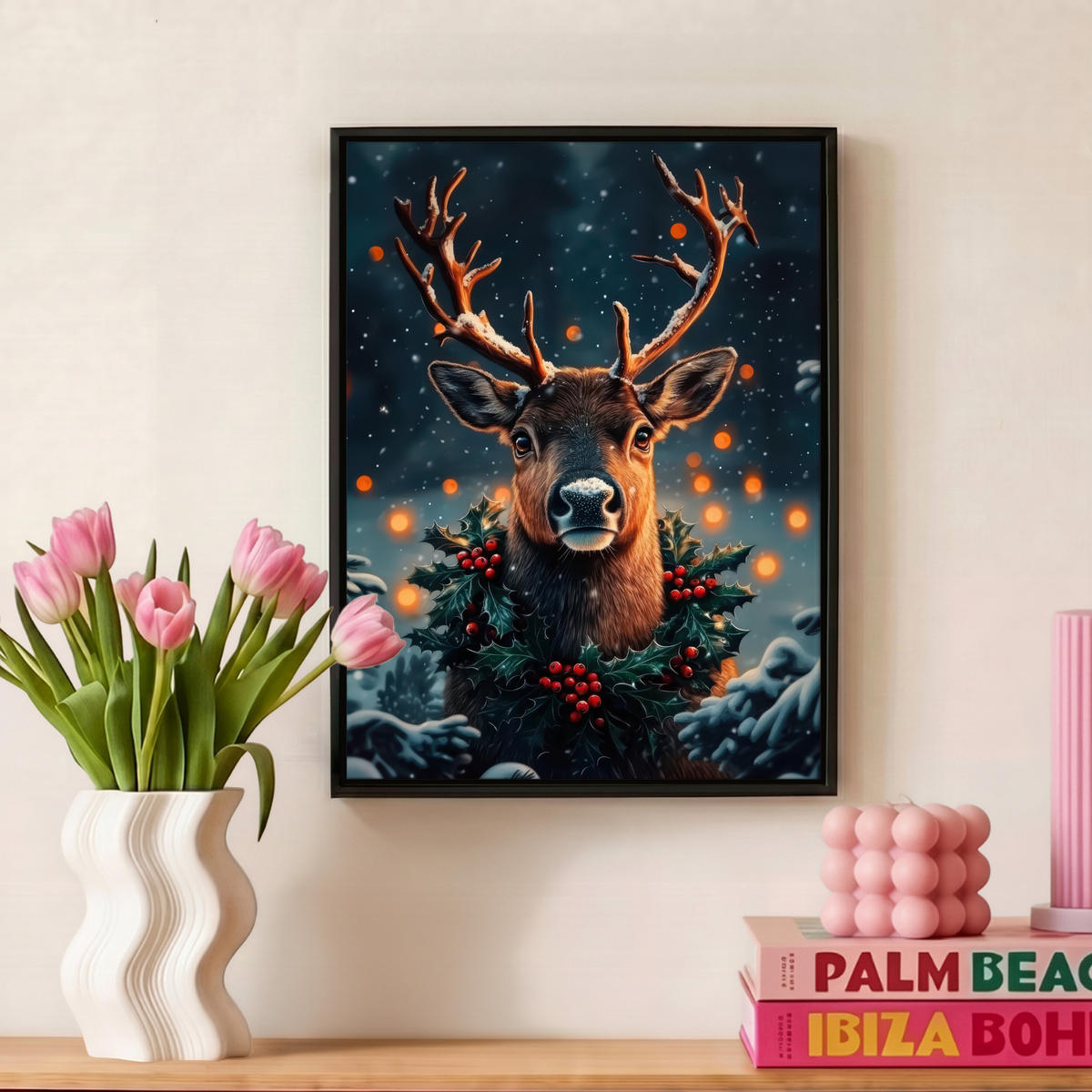 LEINWAND Bilder mit Rahmen - Hirsch - Weihnachten - Winter - Schnee - Weihnachtskranz - 30x40 - Dunkelbraun, Textil (30/40cm) - MuchoWow