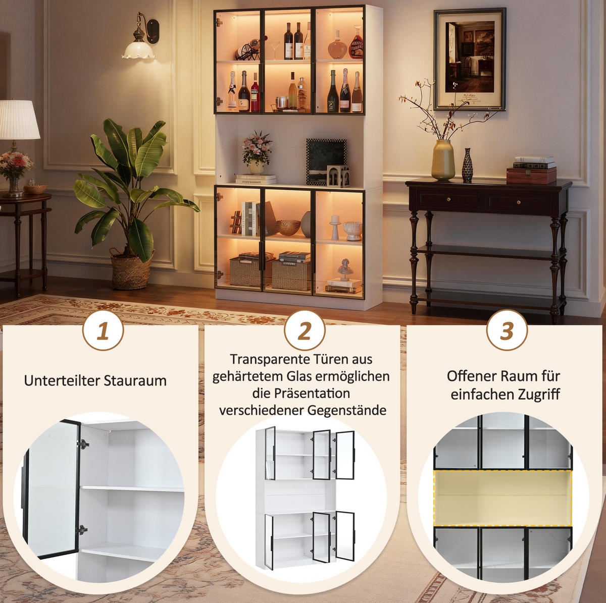 VITRINE 120/34/200 cm weiß aus MDF und Glas mit LED und 6 Türen - Weiß, Holzwerkstoff (120/200/34cm) - OKWISH
