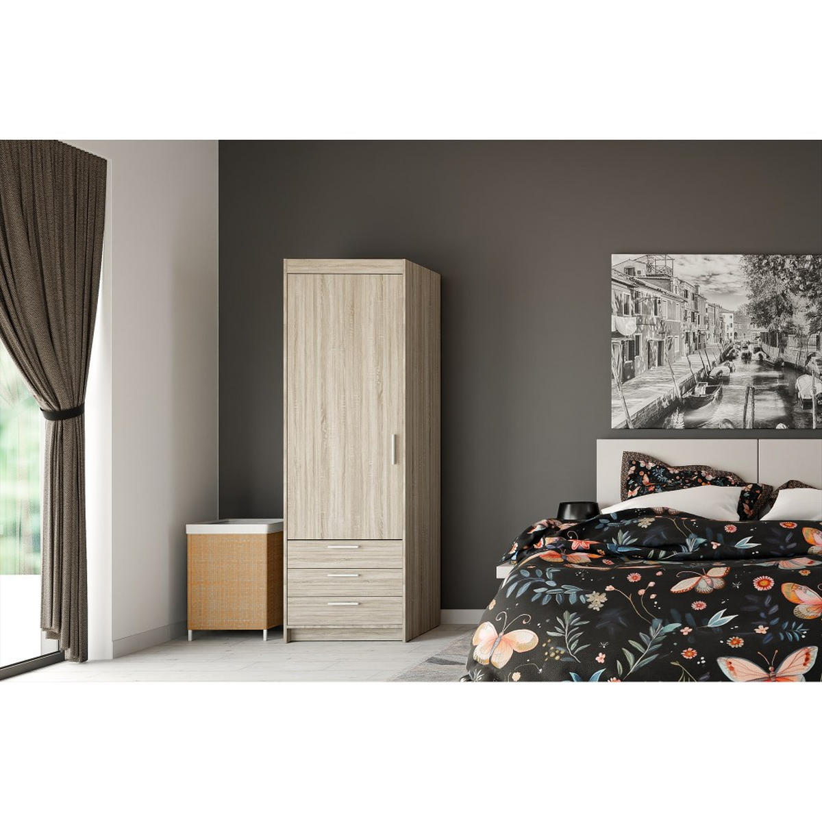 DREHTÜRENSCHRANK Elena mit 1 Tür und 3 Schubladen, Sonoma Eiche - Sonoma Eiche, Holzwerkstoff (60/190/53cm) - Beautysofa