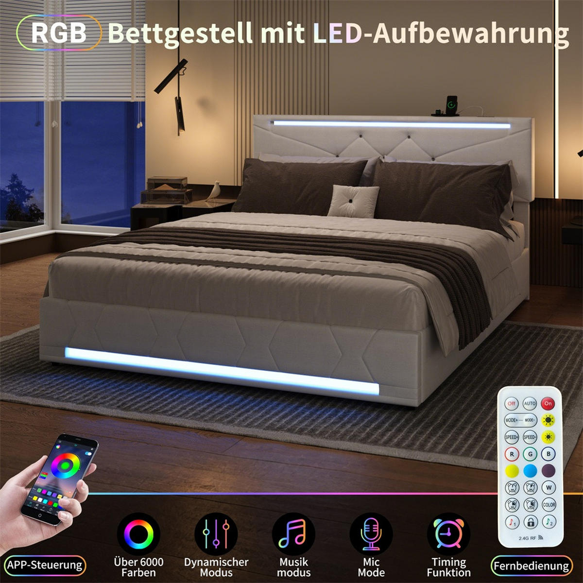 POLSTERBETT 140x200 cm mit LED-Beleuchtung&USB-Ladefunktion -höhenverstellbarem Kopfteil und hydraulischem Stauraum - Beige, Textil (140/200cm) - DELFA