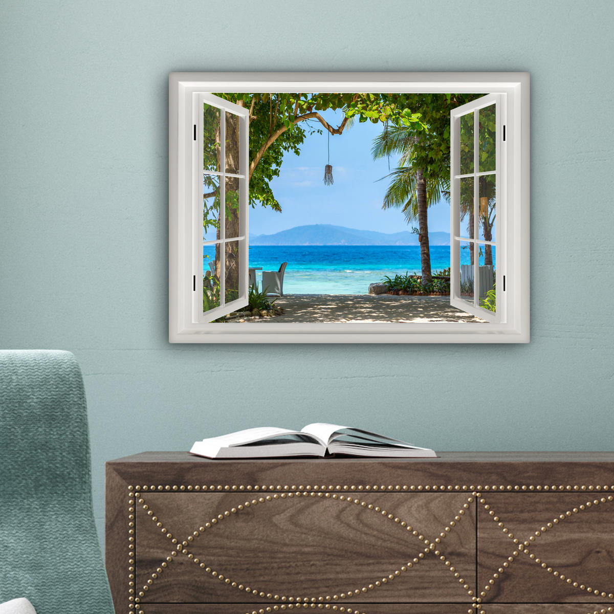 LEINWANDBILD Aussicht - Baum - Meer - Palme - Hügel - Strand - Blau 40x30 cm - Blau, Textil (40/30cm) - MuchoWow