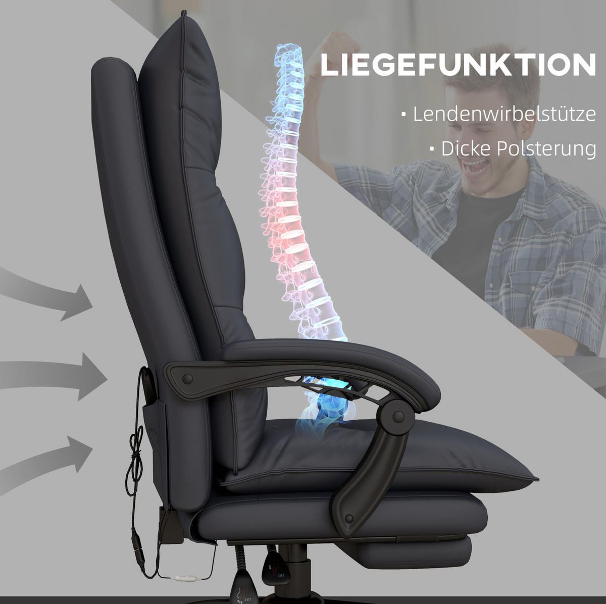 BÜROSTUHL mit Massagefunktion und Fußstütze höhenverstellbar Dunkelgrau - Dunkelgrau, Kunststoff (74/121.5/66cm) - Meubliv
