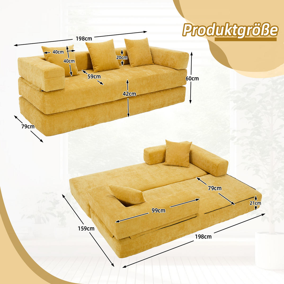 SCHLAFSOFA 198/79/60 cm Senfgelb mit Aufbewahrungstaschen - Gelb, Textil (198/60/79cm) - Oxeza
