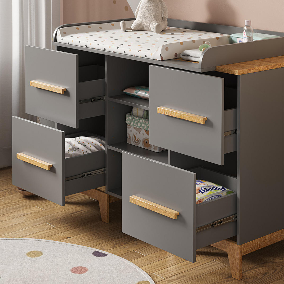 WICKELKOMMODE Malia Grau 133 x 98 cm XL mit 4 Schubladen - Eichefarben/Grau, Holzwerkstoff (133/108/70cm) - VitaliSpa