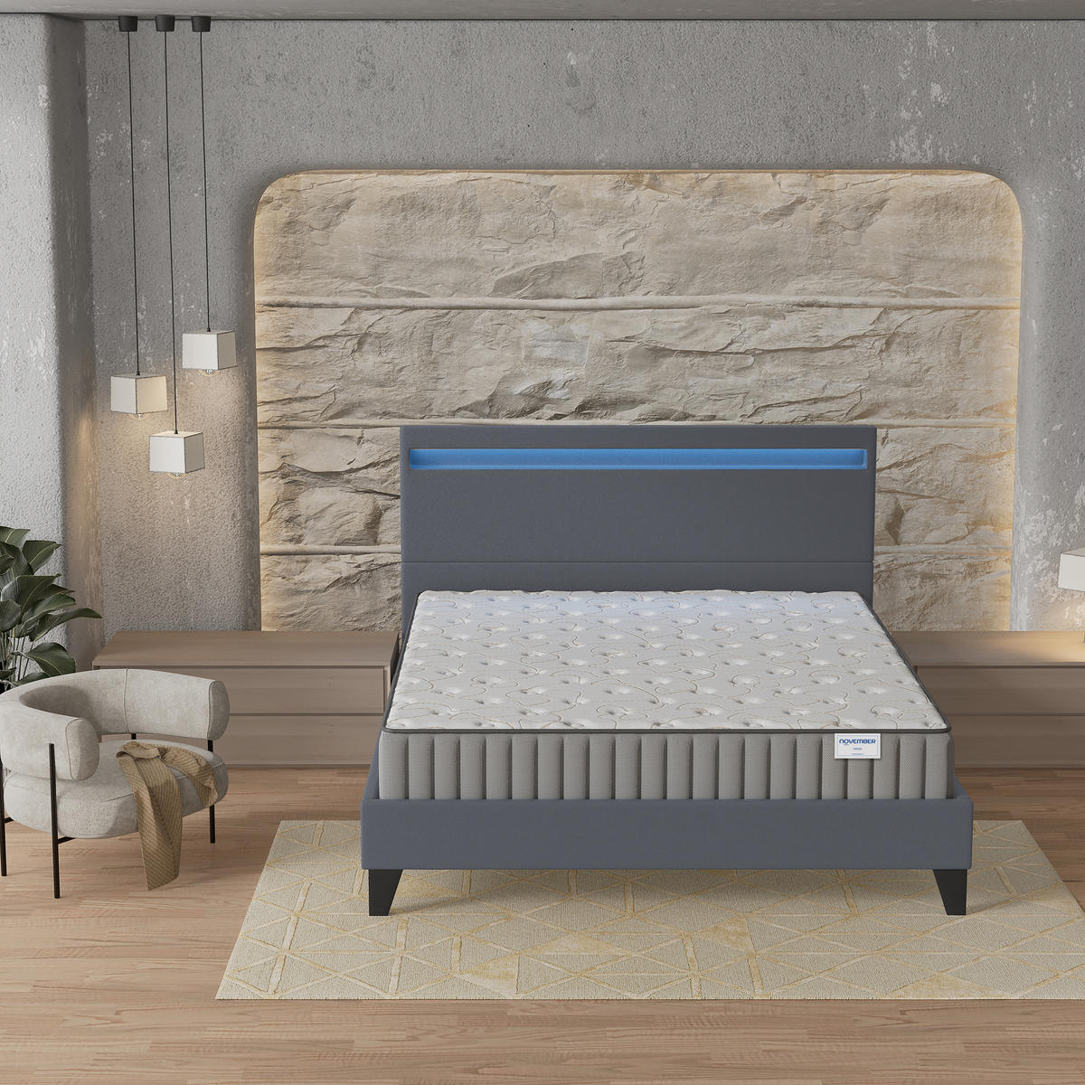 POLSTERBETT und MATRATZE - 140 x 200 cm -Memory-Schaum-Visco - 16cm dick - Grau, Naturmaterialien/Holz (140/200cm) - November Sleep