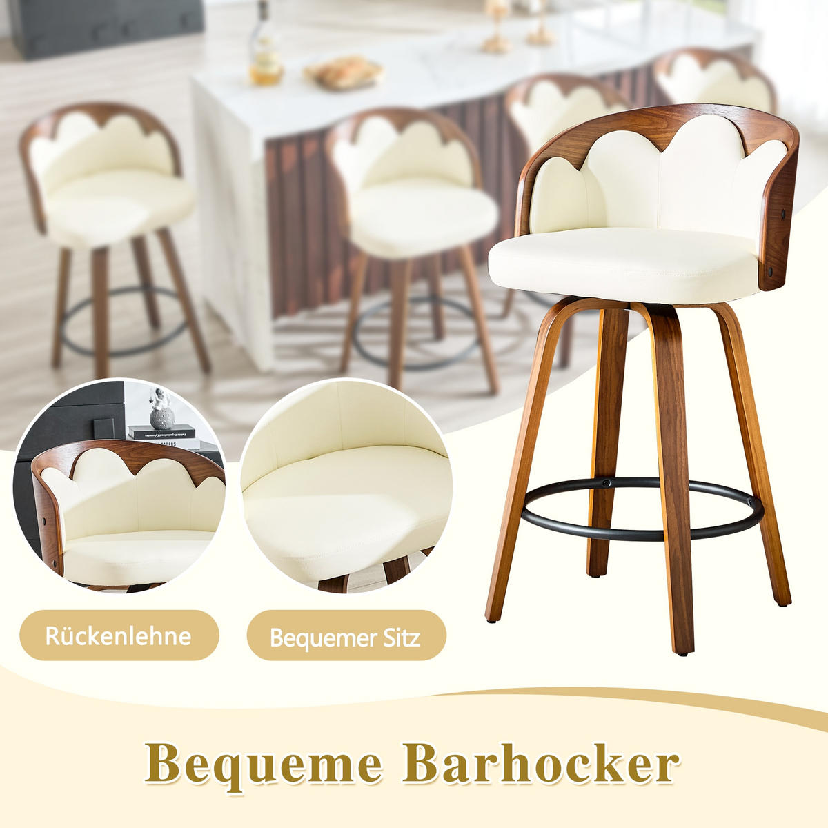 BARHOCKER 2er-Set Weiß mit Blüten-Rückenlehne und Fußstütze - Weiß, Holz (46.5/89/41.5cm) - PANGIVO
