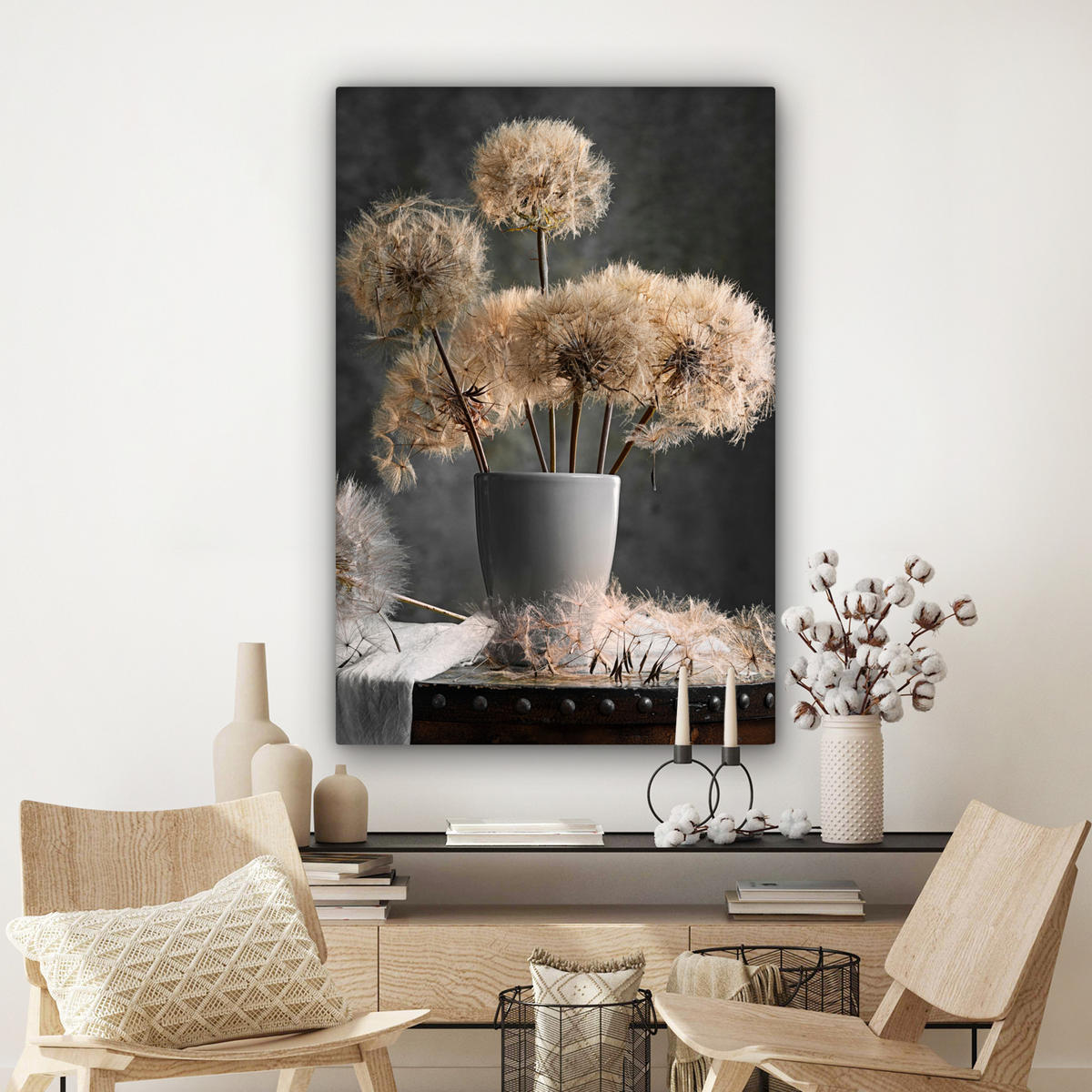 LEINWANDBILD Blumensamen - Löwenzahn - Vase - Stilleben - Blumenstrauß 80x120 cm - Dunkelgrau, Textil (80/120cm) - MuchoWow