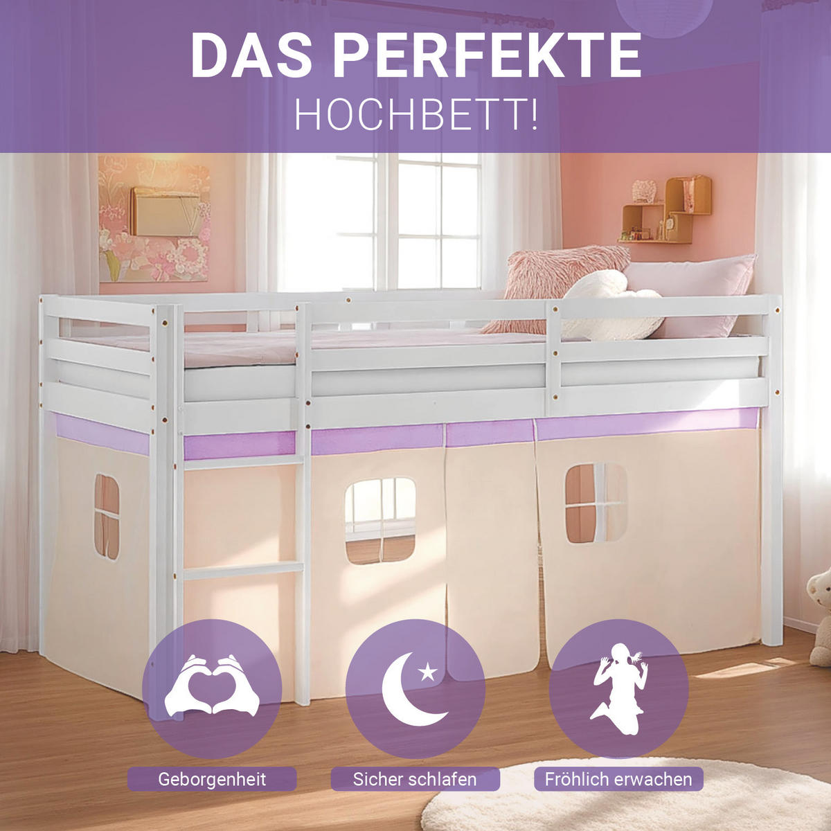 HOCHBETT 90/200 cm in weiß Bettvorhang peach - Lila/Weiß, Holz - Homestyle4u