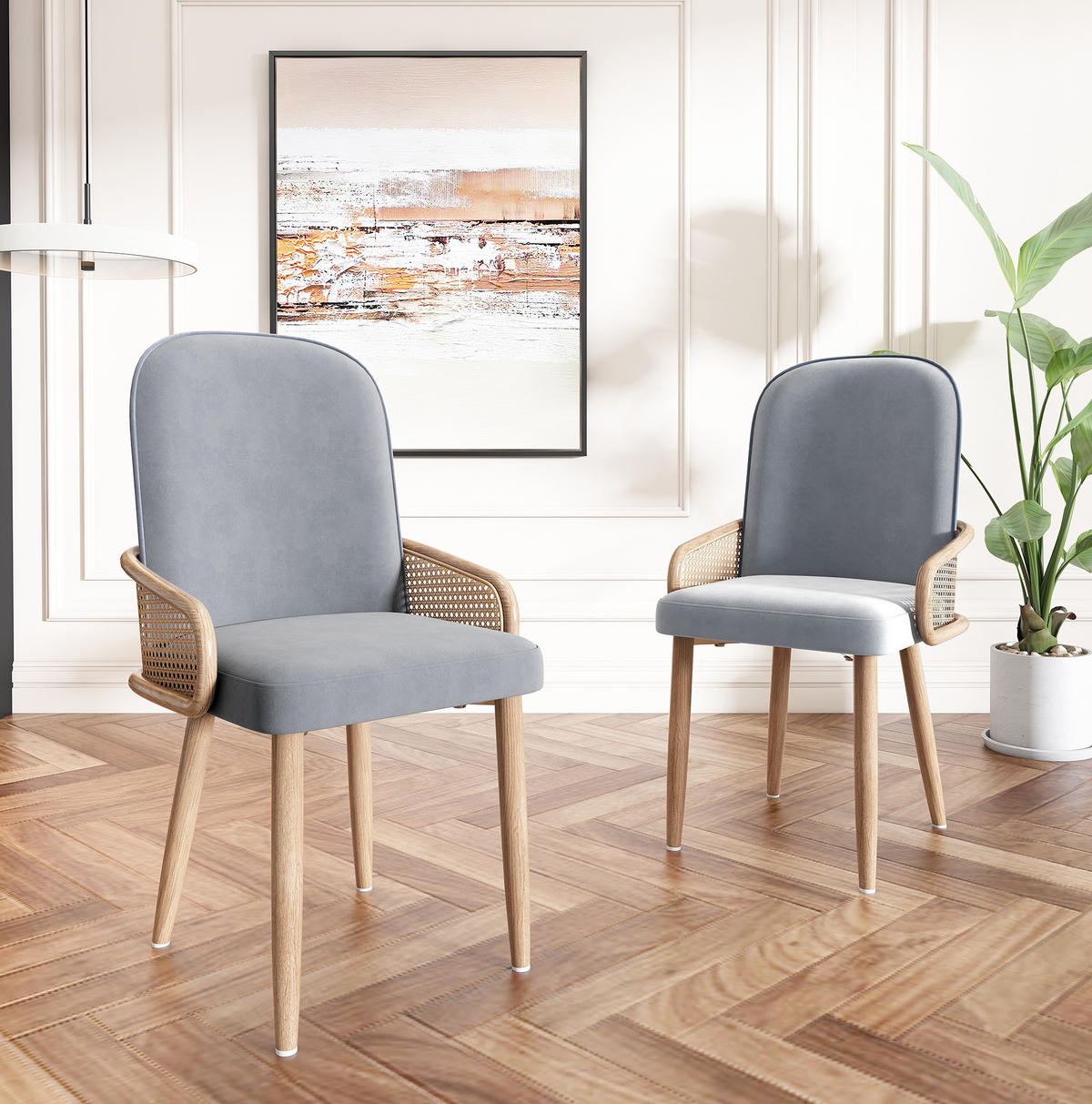 ESSZIMMERSTUHL 4er-Set Samt Rattan-Design Grau - Grau, Holz (45/90/45cm) - Meubliv