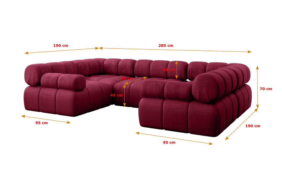 WOHNLANDSCHAFT modulares Sofa Birno-U1 - 285x190x70 cm Bordeauxrot Velours - Bordeaux, Holzwerkstoff/Textil (285/70/190cm) - ALTDECOR