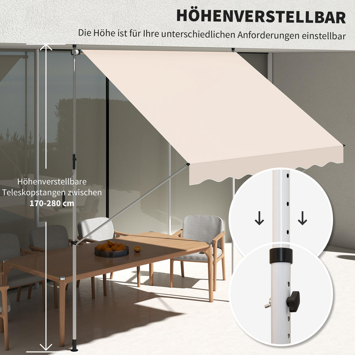 KLEMMMARKISE mit Handkurbel, höhenverstellbare Gelenkarmmarkise, 150 cm breit, Balkonmarkise Beige - Beige, Metall (300/280/150cm)