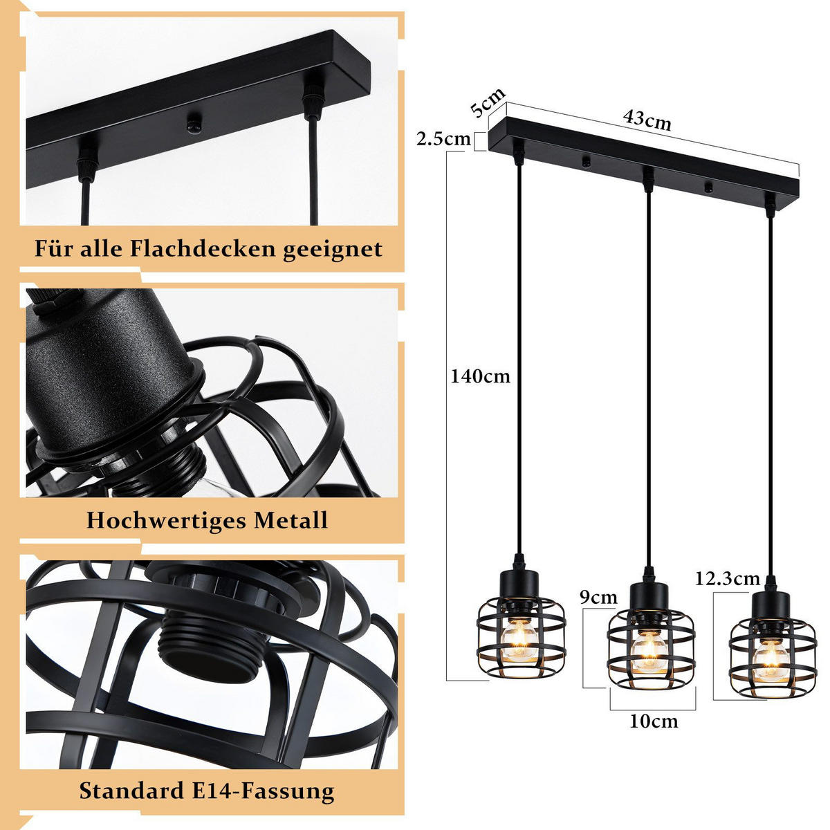 PENDELLEUCHTE BARR Ⅲ 43/10/140 cm - Schwarz, Metall (43/10/140cm) - Nettlife