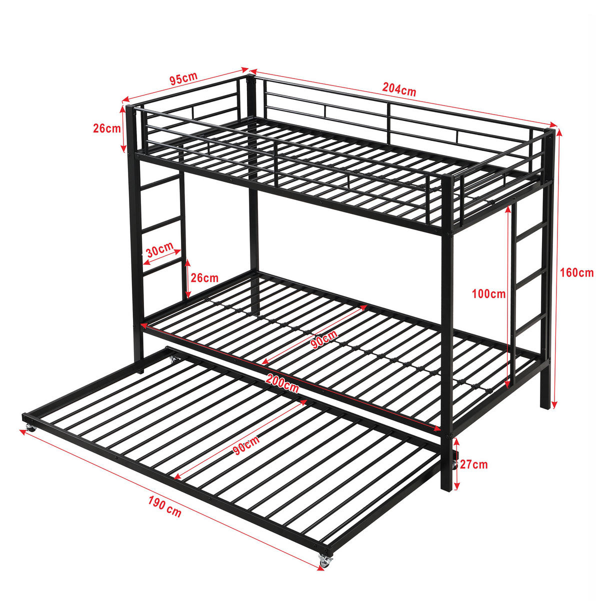 ETAGENBETT aus Metall 90x200 cm Schwarz mit Ausziehbett und hohem Sicherheitsgeländer, EN747-konform - Schwarz, Metall (90/200cm) - Modfu